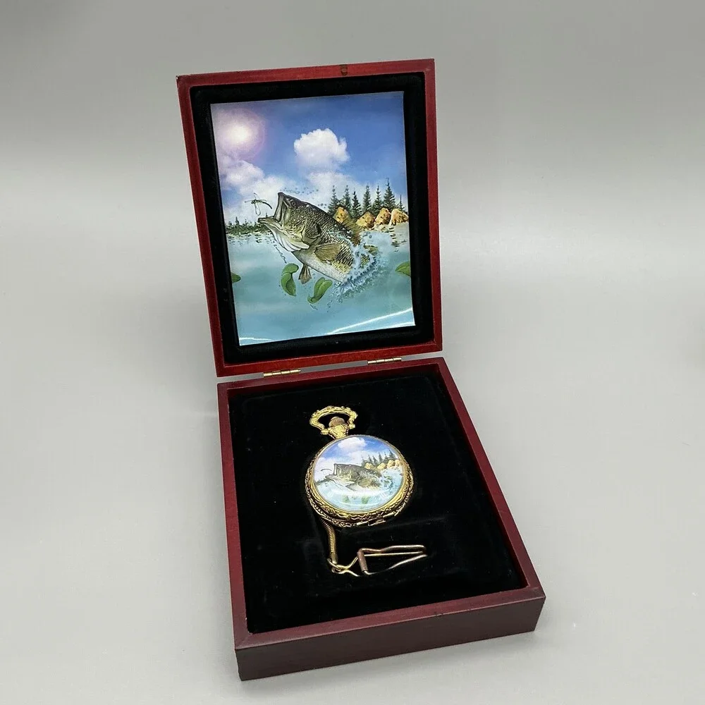 Largemouth Bass Pocket Watch Men 46mm Gold Tone Full Hunter Chain New Battery